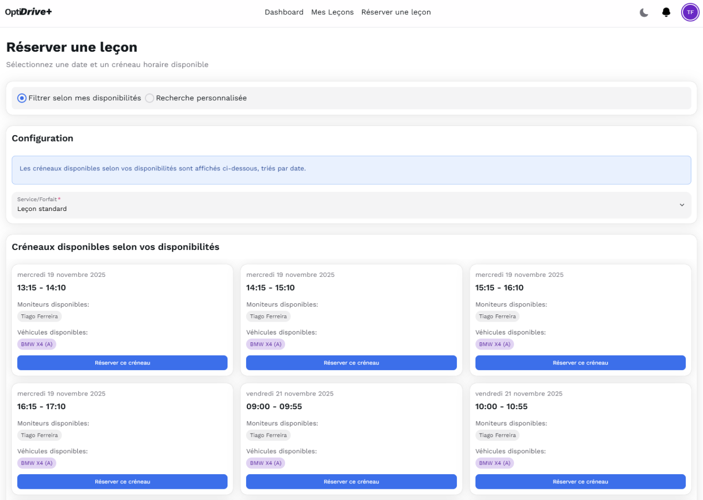 Dashboard de l'application de gestion d'auto-école
